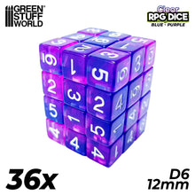 Load image into Gallery viewer, 36x D6 12mm Dice - Clear Blue/Purple
