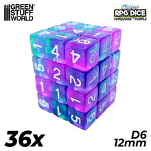 Load image into Gallery viewer, 36x D6 12mm Dice - Clear Turquoise/Purple
