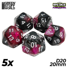 Load image into Gallery viewer, 5x D20 20mm Dice - Purple Swirl
