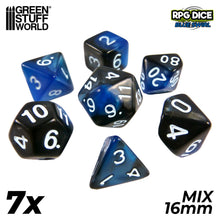 Load image into Gallery viewer, 7x Mix 16mm Dice - Blue Swirl
