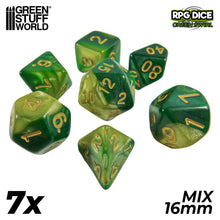 Load image into Gallery viewer, 7x Mix 16mm Dice - Green Swirl
